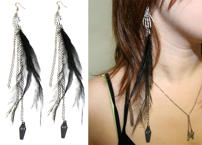Feather Earrings by Too Fast Clothing- Skeleton Hand - SALE