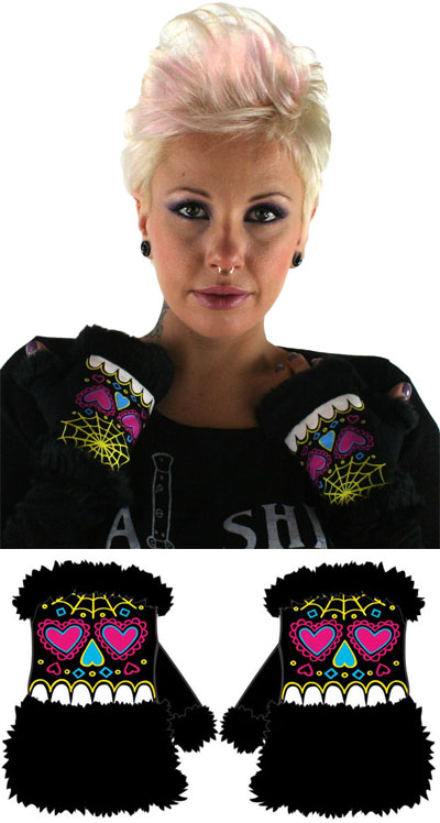 Sugar Skull Fur Trim Knit Gloves by Too Fast Clothing - SALE 