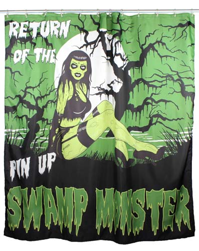 Swamp Monster Pinup Shower Curtain by Too Fast Clothing