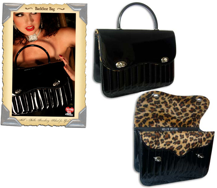 Show product details for Backseat Bag by Hell's Belles- Black Licorice With Leopard