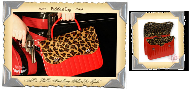 Show product details for Backseat Bag by Hell's Belles- Candy Apple Red With Leopard