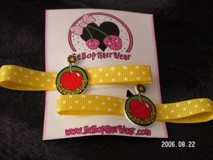 Show product details for Cherry Bomb on Yellow Ribbon Barrettes by Be Bop Hair Wear (Sale price!)