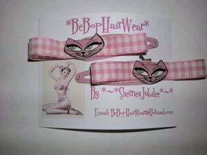Show product details for Pink Kitty With Pink Polka Dot Ribbon Barrettes by Be Bop Hair Wear (Sale price!)
