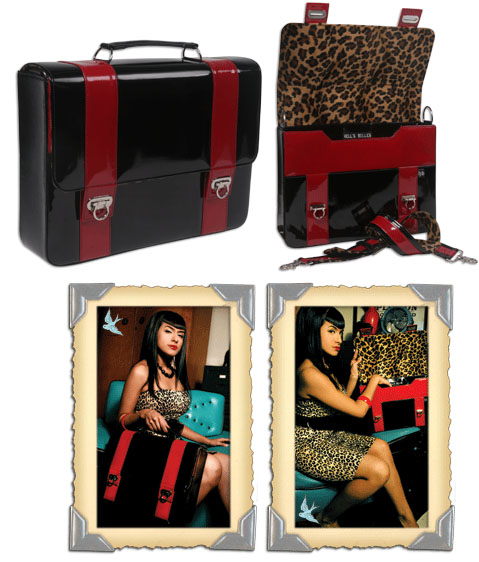 Show product details for School Bag by Hell's Belles- Black & Red PVC With Leopard Lining