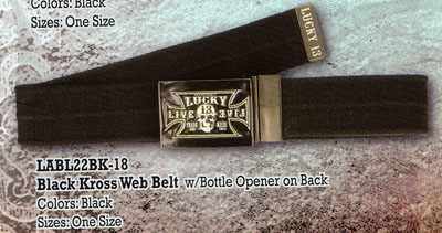 Show product details for Black Kross on a black scout belt with bottle opener on back by Lucky 13