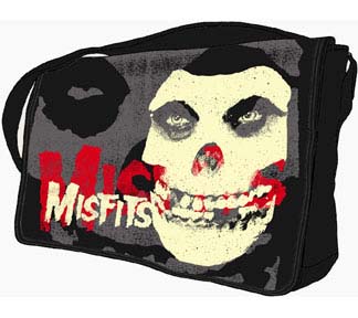 Show product details for Misfits- Glow In The Dark Skull & Logo on a black messenger bag