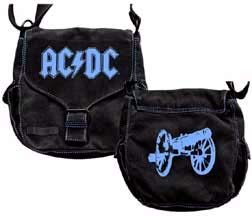 Show product details for AC/DC- Blue Logo And Canon on a black girls handbag