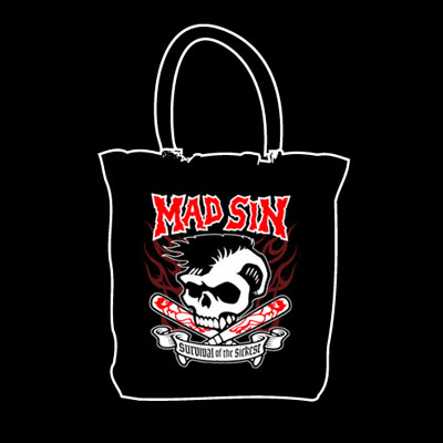Show product details for Mad Sin- Survival Of The Sickest on a black tote bag