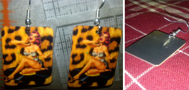 Dangle Earrings by Jim Spinx- Pin Up On Record With Leopard Background