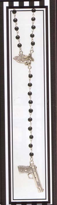 Rosary Silver Pistol and Praying Hands Necklace by Rock Rebel