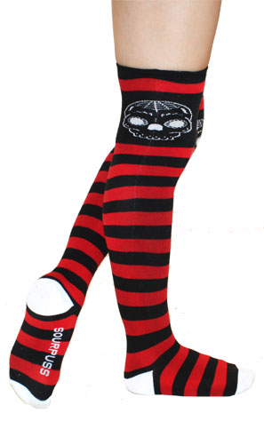Sugar Skull Striped Thigh High Socks by Sourpuss - Black & Red - SALE