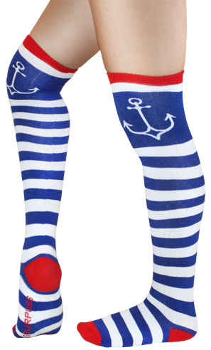 Gally Ho Striped Thigh High Socks by Sourpuss - Blue & White