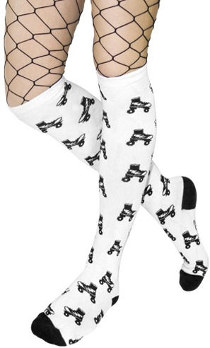 Roller Skates Over The Knee Socks by Sourpuss- White/Black - SALE
