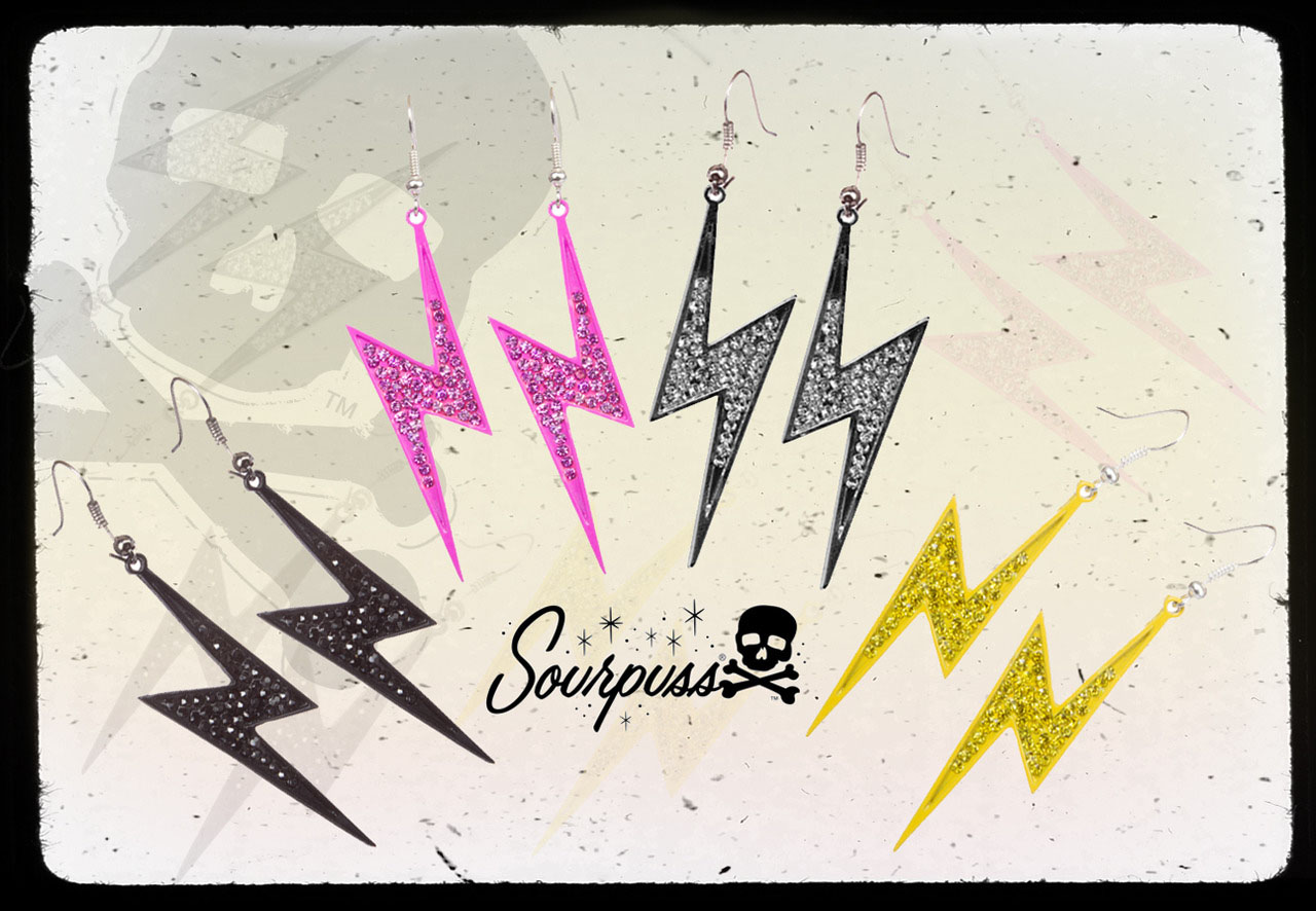 Earrings by Sourpuss- Silver Rhinestone Lightning Bolts