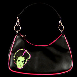 Show product details for Bride Of Monster on a black vinyl purse with pink piping by Sourpuss