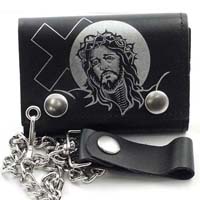 Jesus With Cross on a black leather wallet (Comes with chain)