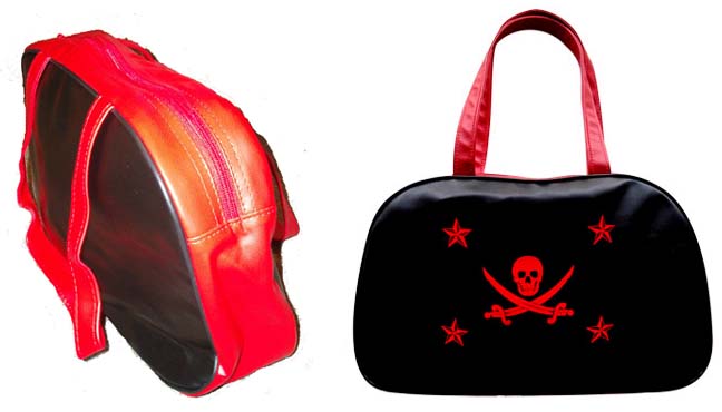 Show product details for Black And Red PVC (Non-Leather!) Hand Bag- Pirate Skull And Stars (Sale price!)