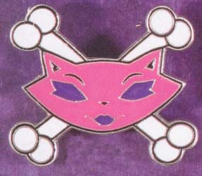 Show product details for Cookie Puss- Pink Cat Head And Bones belt buckle (bb213)