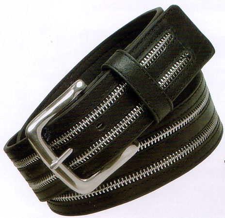 2 Rows Of Zippers Black Leather Belt