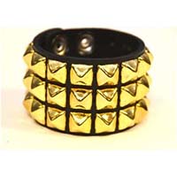 3 Rows Of BRASS Pyramids on a Black Leather Snap Bracelet by Funk Plus