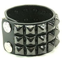 3 Rows Of BLACK Pyramids on a Snap Black Leather Bracelet