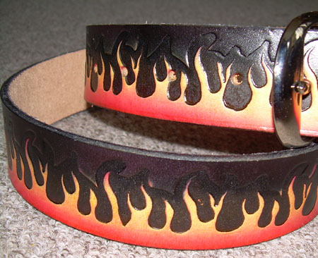 Flames on a black leather belt