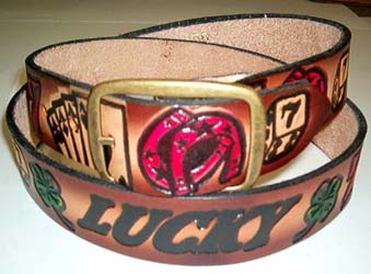 Lucky 7 on a brown leather belt (Horseshoes, Dice, Clovers, and Cards) (With removable buckle!)