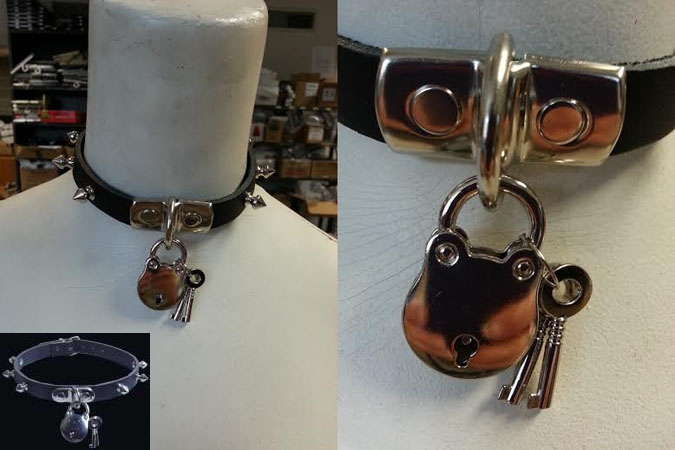 1 Row Spike and Vintage Padlock Leather Choker from Tiger of London