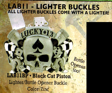 Black Cat Piston belt buckle/lighter holder/bottle opener by Lucky 13 (bb177)