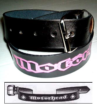Show product details for Motorhead Belt (Pink letters On Black Leather) by Dirty White Boy (Sale price!)