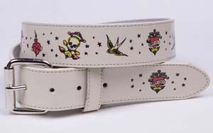 Riot City Tattoo Flash on a White Leather Belt