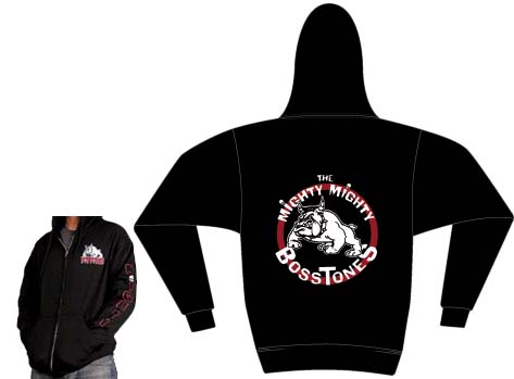 Mighty Mighty Bosstones- Bulldog on front, Logo on sleeve, Bulldog & Logo on back on a black zip up hooded sweatshirt