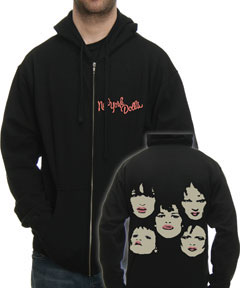 New York Dolls- Logo on front, Faces on back on a black zip up hooded sweatshirt (Sale price!)