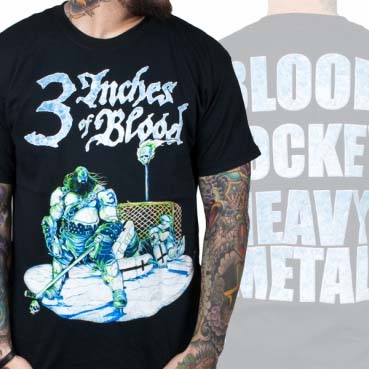 3 Inches Of Blood- Hockey on front, Blood Hockey Heavy Metal on back on a black shirt