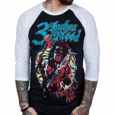 3 Inches Of Blood- Pick Your Axe on a black/white 3/4 sleeve shirt