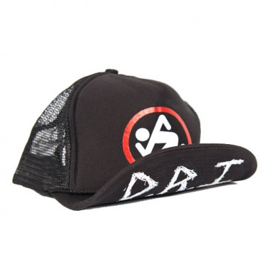 DRI- Skanking Guy on front, Logo under brim on a black trucker hat