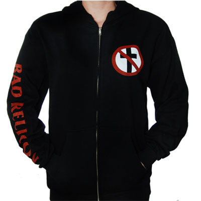 Bad Religion- Cross Buster on front, Logo on sleeve on a black zip up hooded sweatshirt