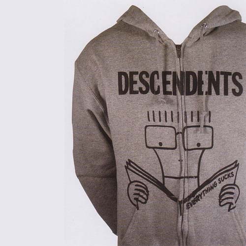Descendents- Everything Sucks on a grey zip up hooded sweatshirt