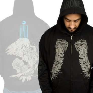 Baroness- Feathers on front, Morphione Hawk on back on a black zip up hooded sweatshirt (Sale price!)