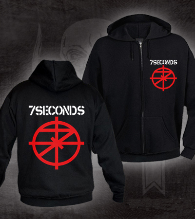 7 Seconds- Logo on front, Scope on back on a black zip up hooded sweatshirt