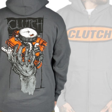 Clutch- Logo on front, Hess 454 on back on a charcoal zip up hooded sweatshirt