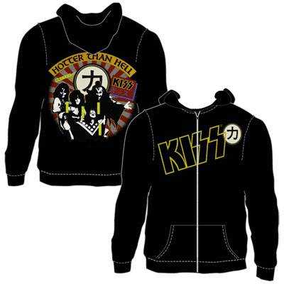 Kiss- Logo on front, Hotter Than Hell on back on a black zip up hooded sweatshirt (Sale price!)