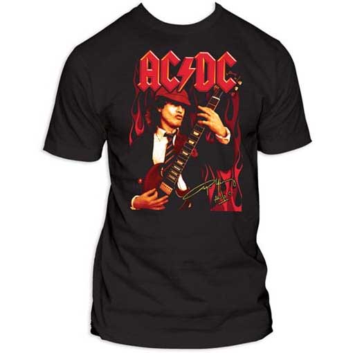 AC/DC- Angus With Guitar, Flames & Autograph on a black shirt