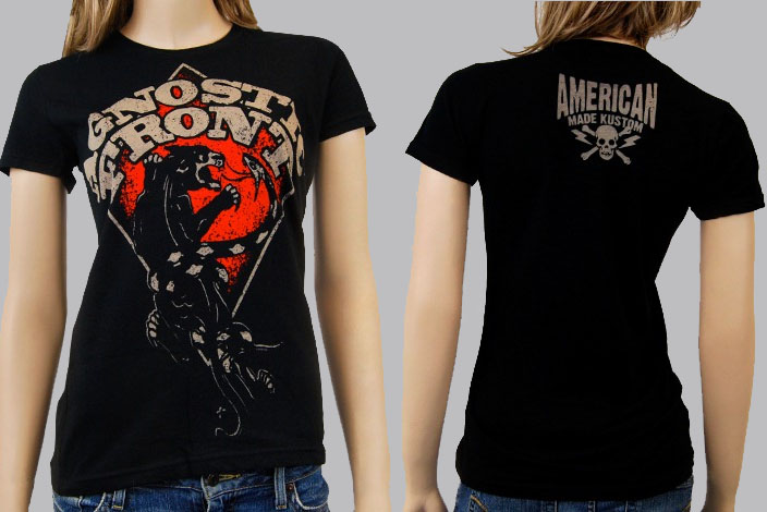 Agnostic Front- Panther & Snake on front, American Made Kustoms on back on a black girls fitted shirt