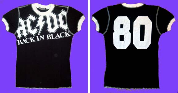 AC/DC- Back In Back on front, 80 on back on a black girls fitted shirt with white ringers and white stitching (Sale price!)