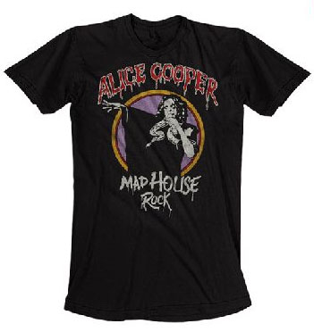 Alice Cooper- Mad House Rock on a charcoal slim fit shirt