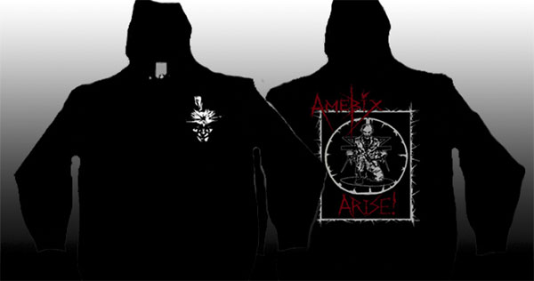 Amebix- Face on front, Arise! on back on a black zip up hooded sweatshirt