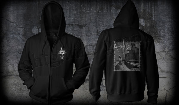 Amebix- Face on front, Winter on back on a black zip up hooded sweatshirt