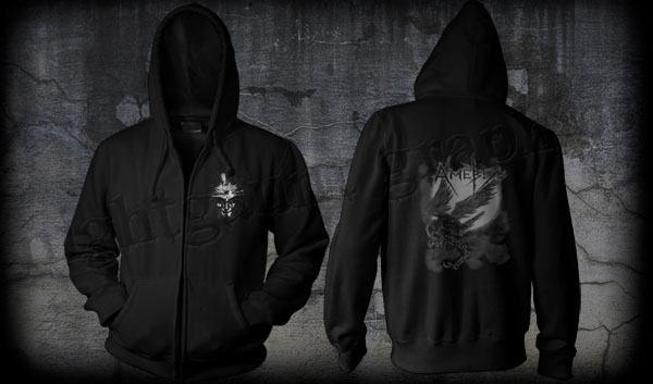 Amebix- Face on front, Chained Bird on back on a black zip up hooded sweatshirt