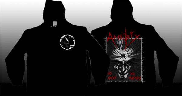 Amebix- No Gods No Masters on front & back on a black hooded sweatshirt